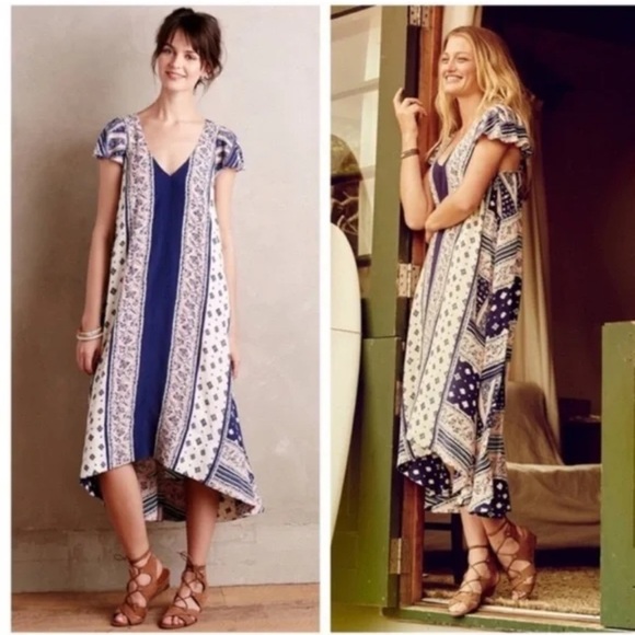 Anthropologie Maeve Size S Summertide Swing Tide Midi Dress Rayon Patchwork Boho - Picture 1 of 9
